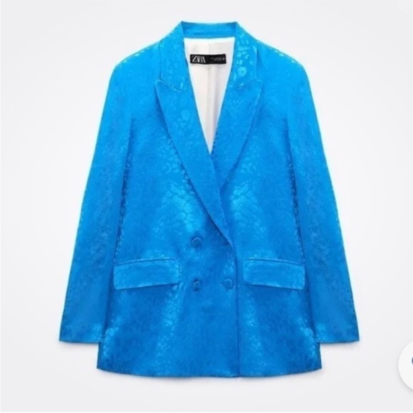Zara Double Breasted Blue Leopard Print Jacquard Blazer Jacket Size M - Picture 1 of 8